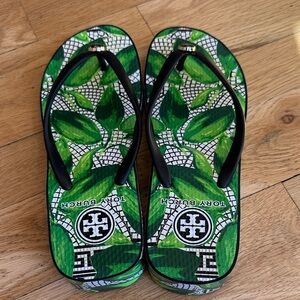 Tory Burch Black and Green Leaf Pattern Sandals